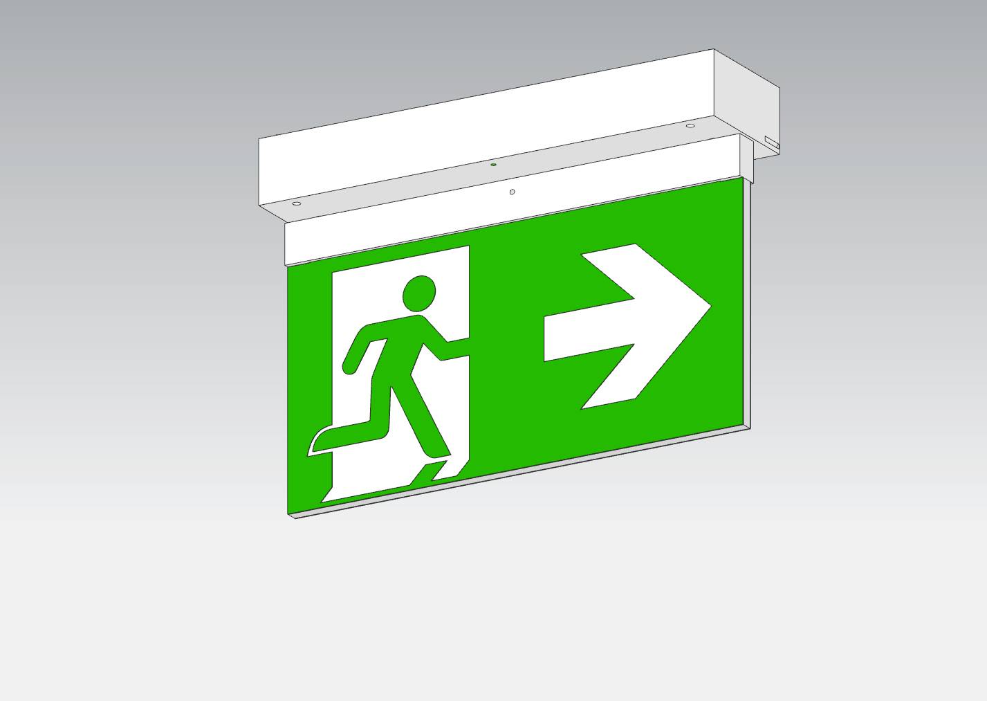 Groen nooduitgangsbord met een persoon die naar rechts rent. Een pijl wijst ook naar rechts in de richting van de uitgang.