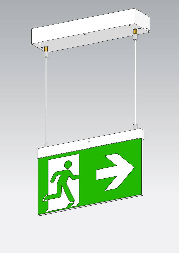 Nooduitgangsbord met groene achtergrond: witte figuur die naar rechts rent, naast een witte pijl die naar rechts wijst.