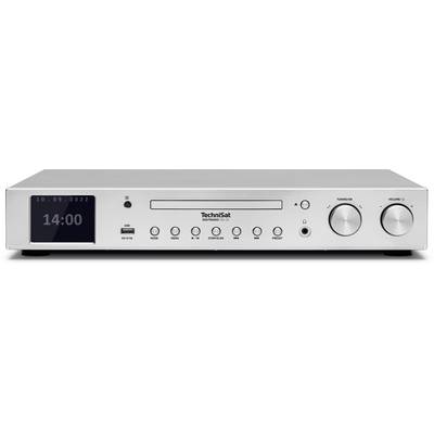 Zilveren Hi-Fi-ontvanger van TechniSat. Display toont '10.09.2022, 14:00'. Bedieningsknoppen en aansluitingen zichtbaar.