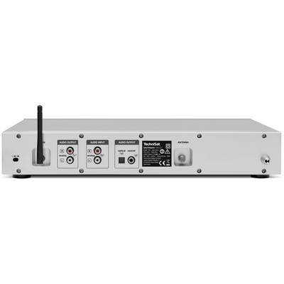 Achteraanzicht van een zilveren audio-ontvanger met verschillende audio-ingangen en -uitgangen en een aangesloten antenne.