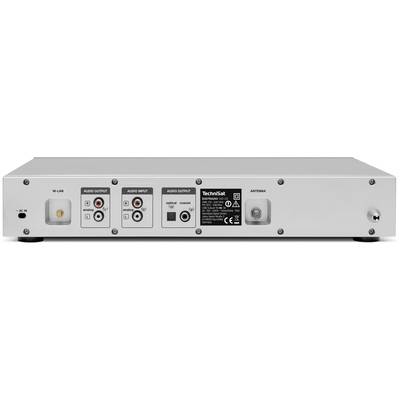 Achterkant van een elektronisch apparaat met verschillende audio-ingangen en -uitgangen. Links: HDMI en USB. Rechts: Coaxiaal, optisch en antenne-ingang.