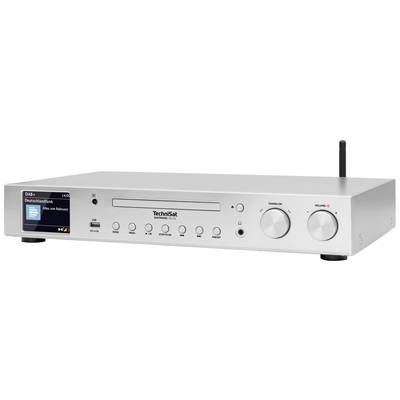 Een zilveren hi-fi-radio met cd-speler. Links bevindt zich een digitaal display, daarnaast knoppen voor bediening. Rechts zijn de volumeregelaars.