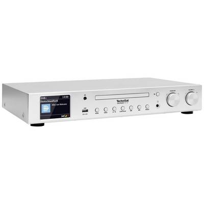 Een zilveren digitale radio-ontvanger met display, toont 'DAB+ Deutschlandfunk'. Knoppen voor volume en zenderkeuze zijn zichtbaar.