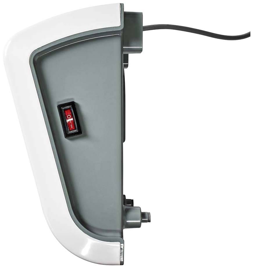 Elektrisch apparaat met een zijdelingse schakelaar, een grijs behuizing en een netsnoer, waarschijnlijk een huishoudelijk apparaat.