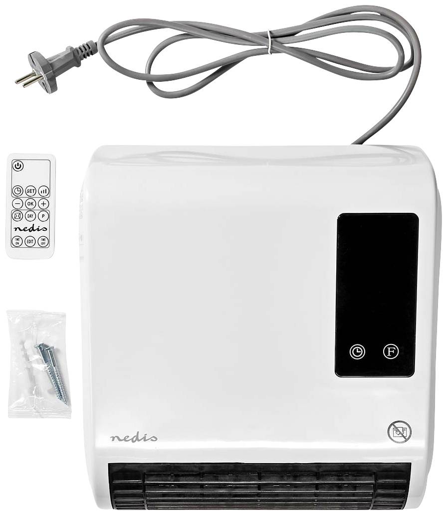 Elektrische wandverwarming in het wit met LED-display, kabel, afstandsbediening en bevestigingsmaterialen.