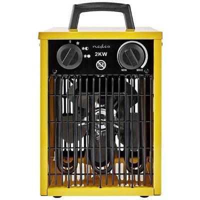Gele elektrische kachel met handgreep en twee draaiknoppen voor het instellen van temperatuur en ventilatorsnelheid. Vermogen: 2 kW.