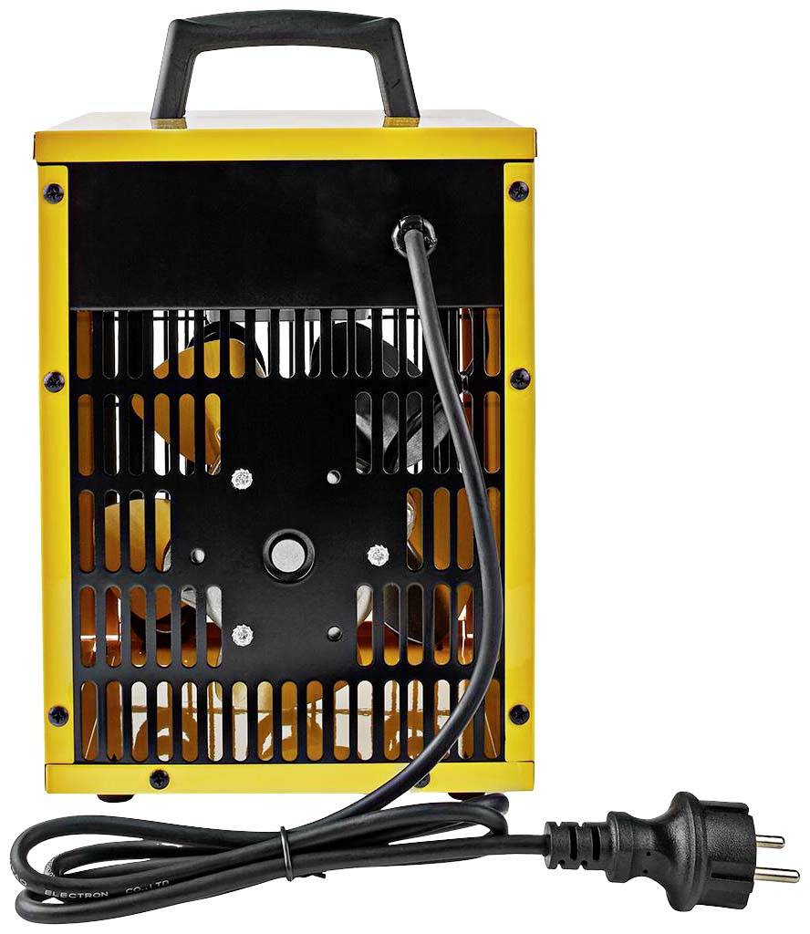De afbeelding toont een gele elektrische ventilatorverwarming met een zwart netsnoer en een handgreep aan de bovenkant.