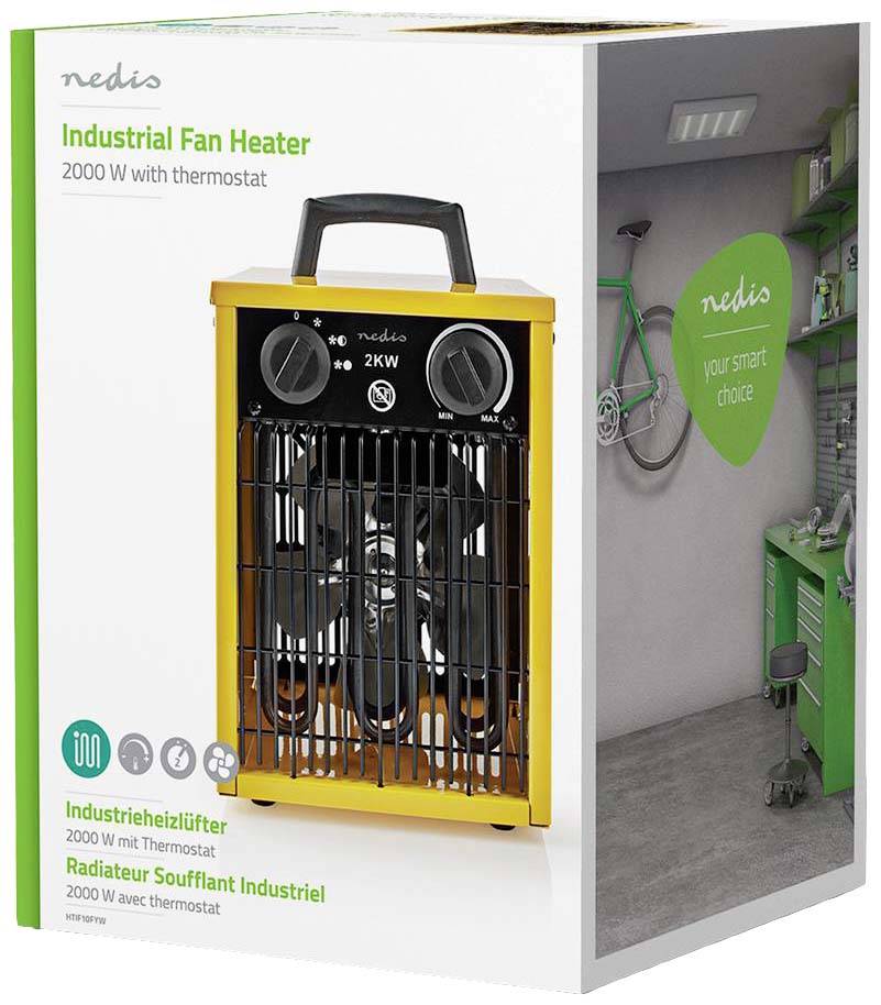 'Industriële elektrische kachel', 2000 W met thermostaat. Afbeelding van een gele elektrische kachel naast een rek en een groene fiets.