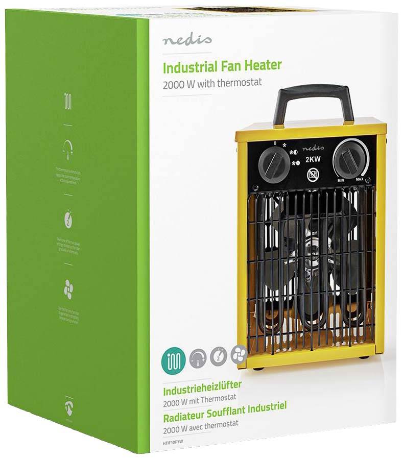 Industriële ventilator met 2000 W vermogen en thermostaat. Merk 'Nedis'. Gepresenteerd in geel-zwarte uitvoering in een verkoopverpakking.