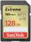SanDisk Extreme SD-kaart met 128 GB, leessnelheid van 180 MB/s, V30, U3, Klasse 10, geschikt voor snelle gegevensopslag.