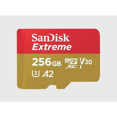 Een SanDisk Extreme geheugenkaart met 256 GB capaciteit, MicroSDXC-klasse, V30, A2, geschikt voor high-performance opslag.