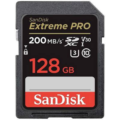 SanDisk Extreme PRO SD-kaart met 128 GB opslagcapaciteit, snelheden tot 200 MB/s, Klasse 10, U3, V30, ideaal voor high-resolution foto's en video's.