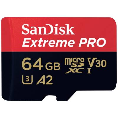 SanDisk Extreme PRO microSD-kaart, 64 GB, V30, U3, A2, geschikt voor 4K-video-opnames en snelle gegevensoverdracht.