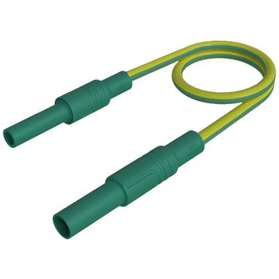 Een geel-groen aardingskabel met twee groene stekkerverbindingen, aangelegd in een lus. Gebruikt voor elektrische veiligheidsverbindingen.