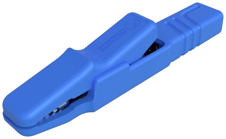 Een blauwe krokodilklemadapter van kunststof, die wordt gebruikt voor het aansluiten van meetapparatuur op stroomvoerende componenten.