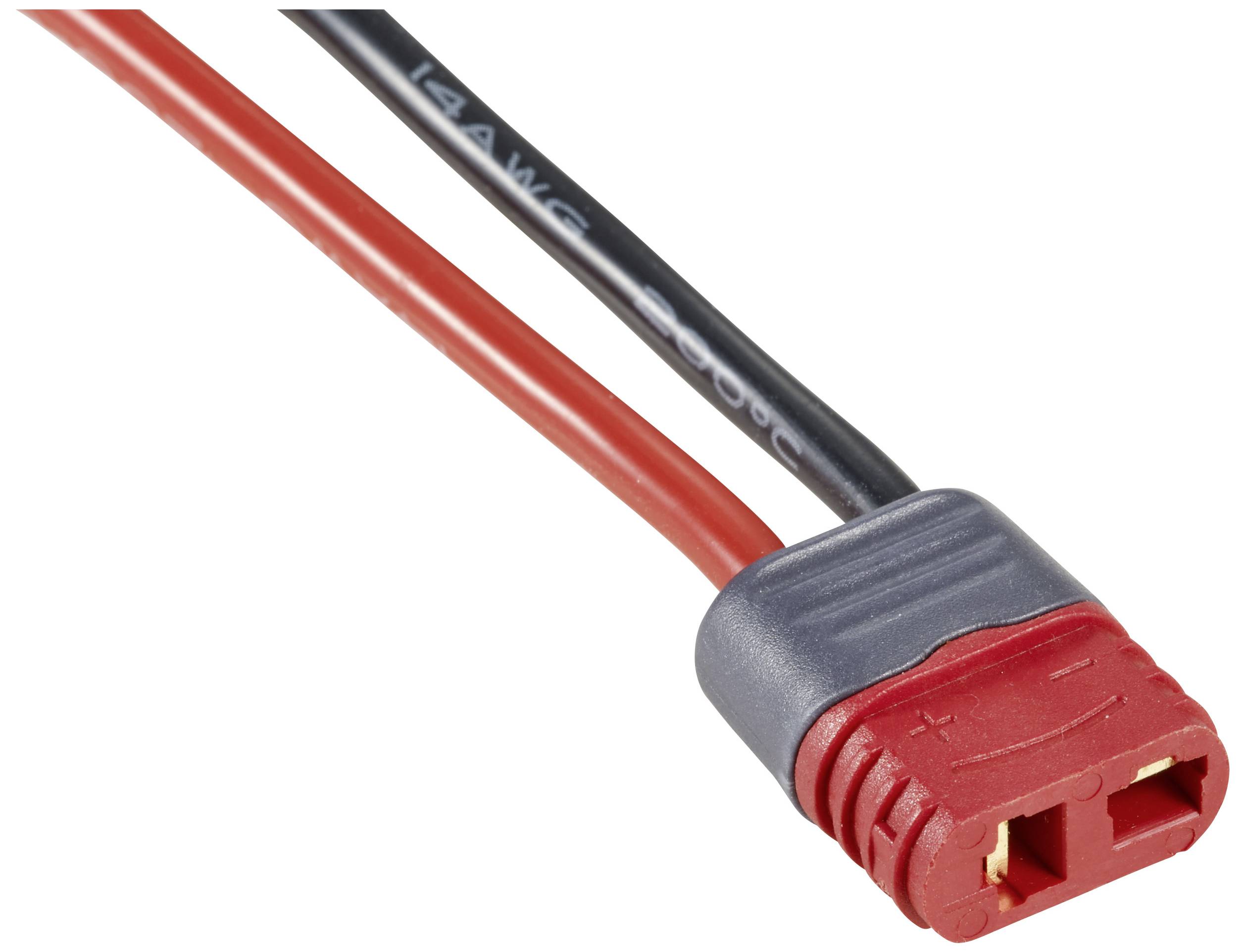 Een rood en zwart kabel met een stekker, vermoedelijk voor elektrische apparaten of batterijen, ligt voor een witte achtergrond.