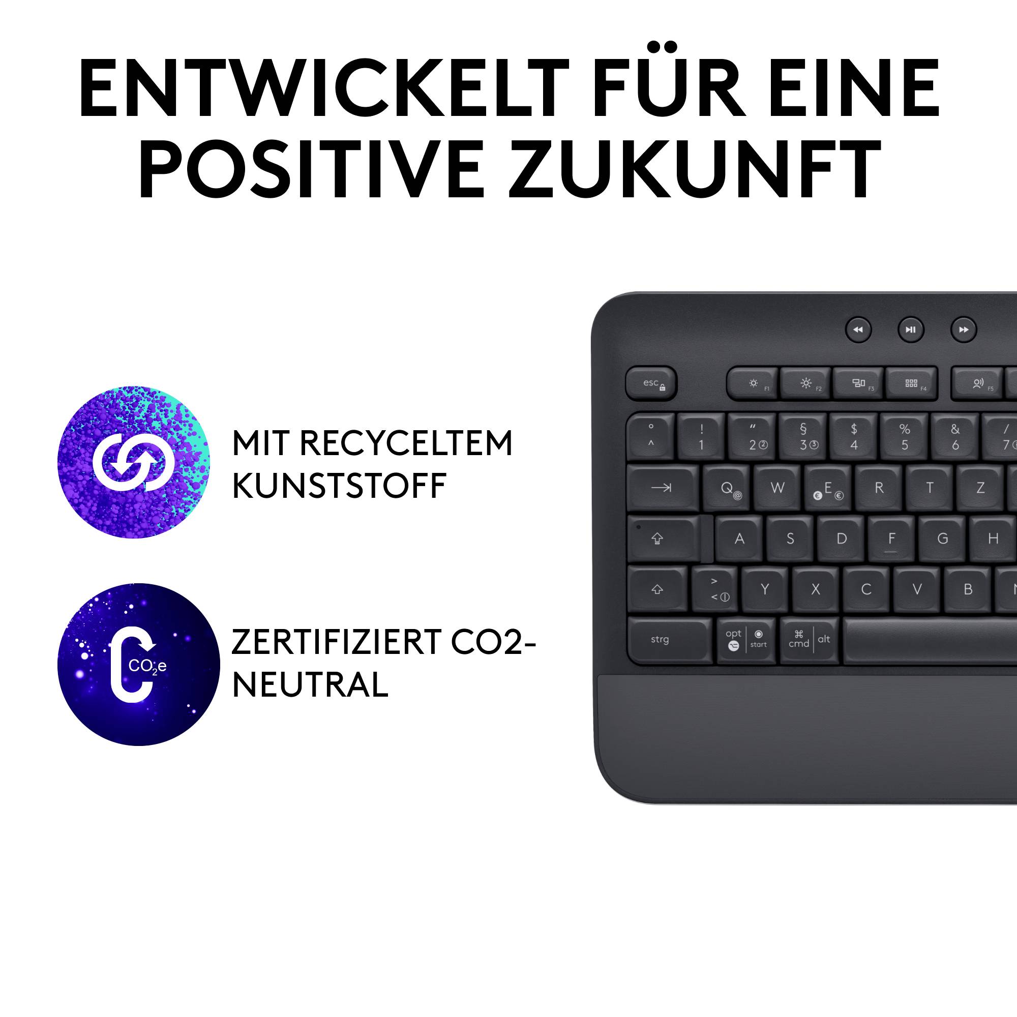 Een zwart toetsenbord naast symbolen voor gerecyclede kunststoffen en CO2-neutraliteit met de tekst 'Ontwikkeld voor een positieve toekomst'.