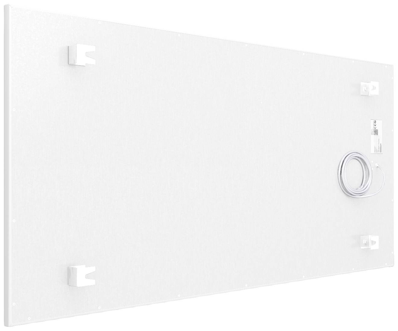 Witte verwarmingsplaat gemonteerd met kabel en bevestigingsbeugels.