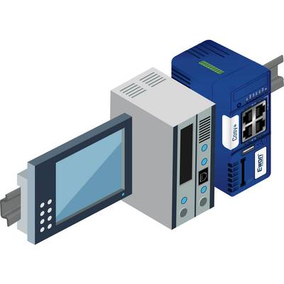 Een elektrisch bedieningsapparaat met display, knoppen en netwerkverbindingen, waarschijnlijk voor industriële toepassingen.