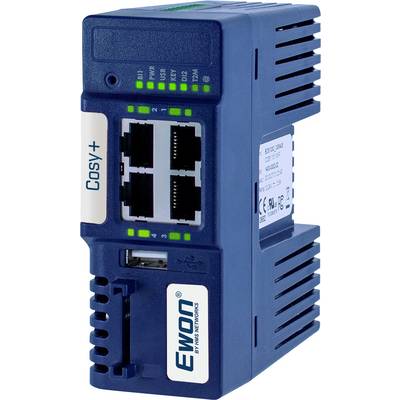 Een blauw industrieel modemapparaat met vier Ethernet-poorten en groene LED-indicatoren. De tekst 'Cosy+' en het merkenlogo 'Ewon' zijn zichtbaar.