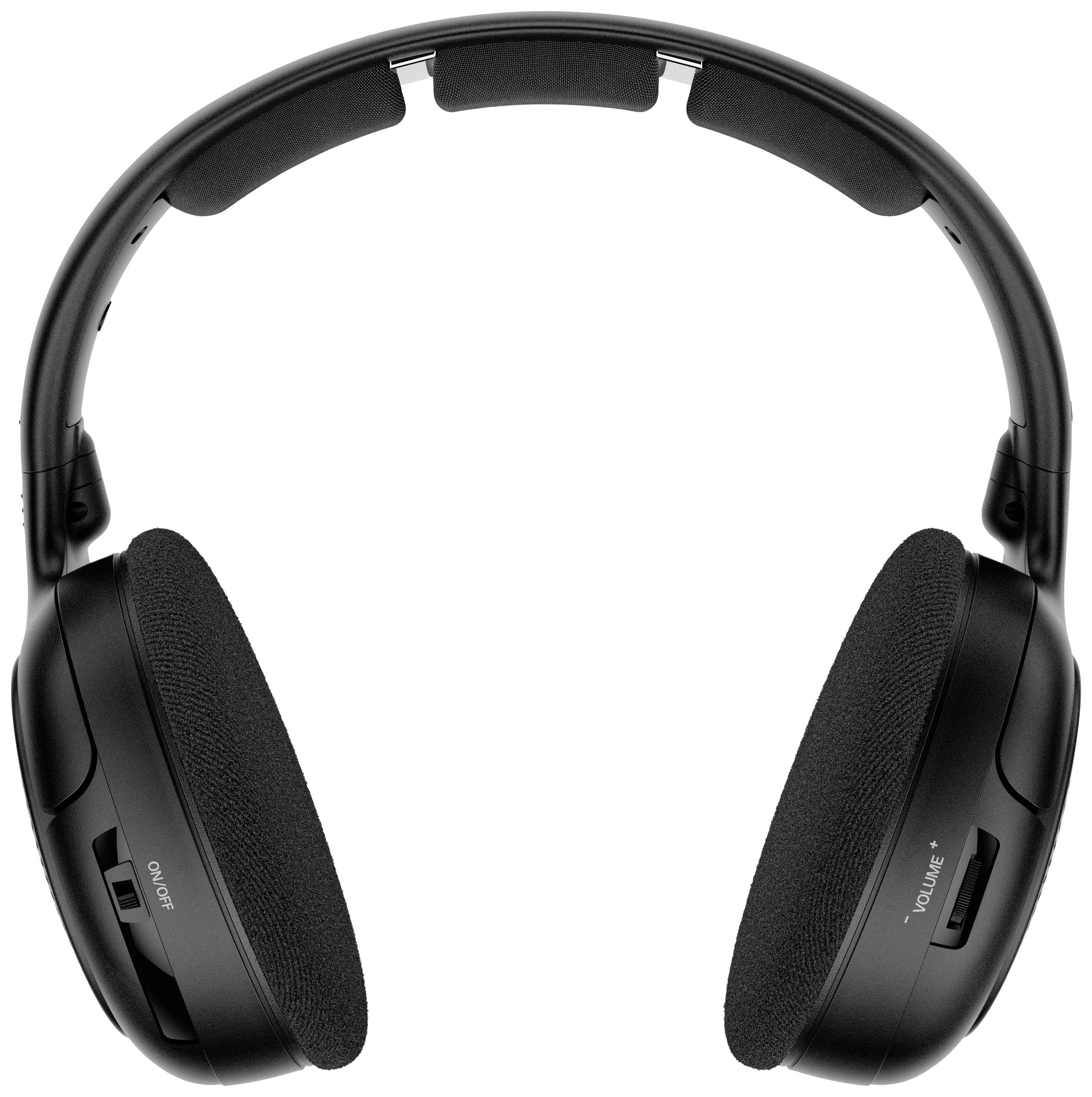 Een zwarte over-ear koptelefoon met volumeregeling en aan-/uitschakelaar op de oorschelpen, rechtop afgebeeld.