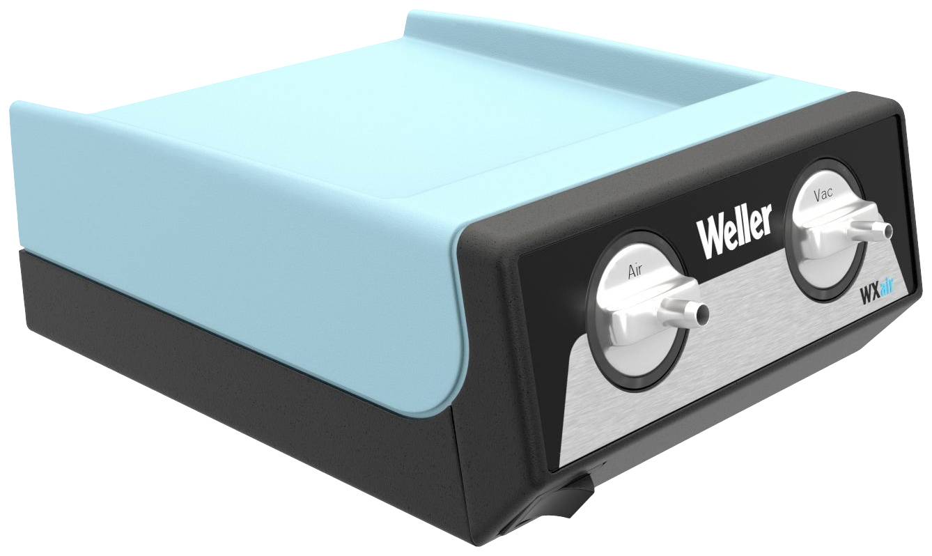 Soldeerstation in blauw en zwart met twee regelknoppen voor 'Air' en 'Vac'.
