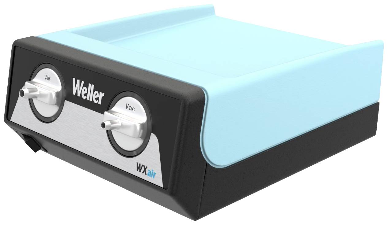 Een blauwe en zwarte soldeerbasis met de opschriften 'Weller' en 'WXair' heeft twee draaiknoppen met de aanduidingen 'Air' en 'Vac'.
