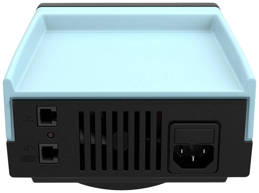 Achterkant van een elektronisch apparaat met twee Ethernet-aansluitingen en een stroomaansluiting. De behuizing is zwart en blauw.