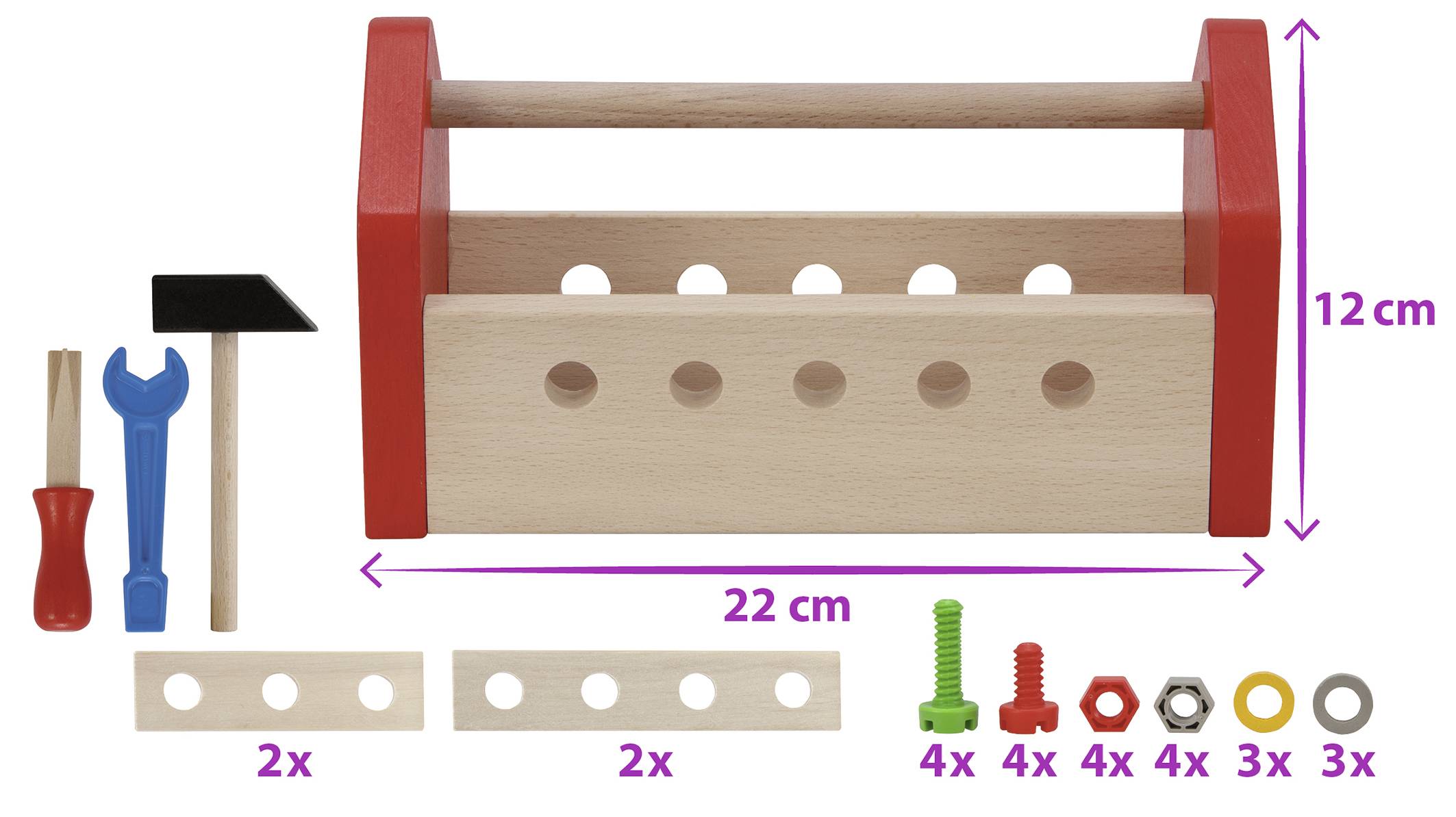 Houten gereedschapskist met rode handgreep, 22 cm x 12 cm. Bevat moersleutels, hamer, schroevendraaiers, schroeven, moeren en houten latten.