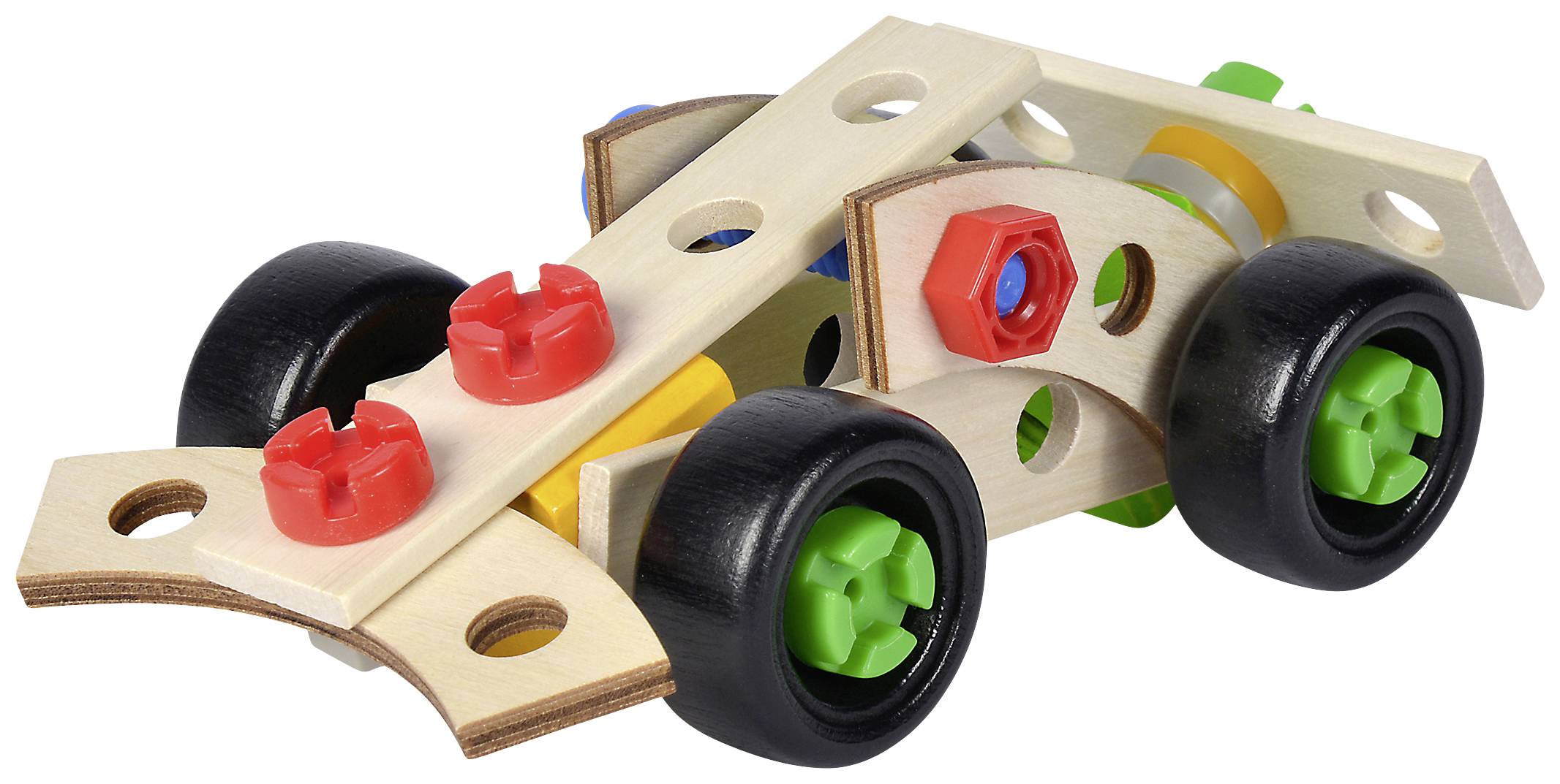 Een klein houten en kunststof speelgoedautootje met kleurrijke wielen en schroeven, dat voor kinderen kan worden gemaakt.