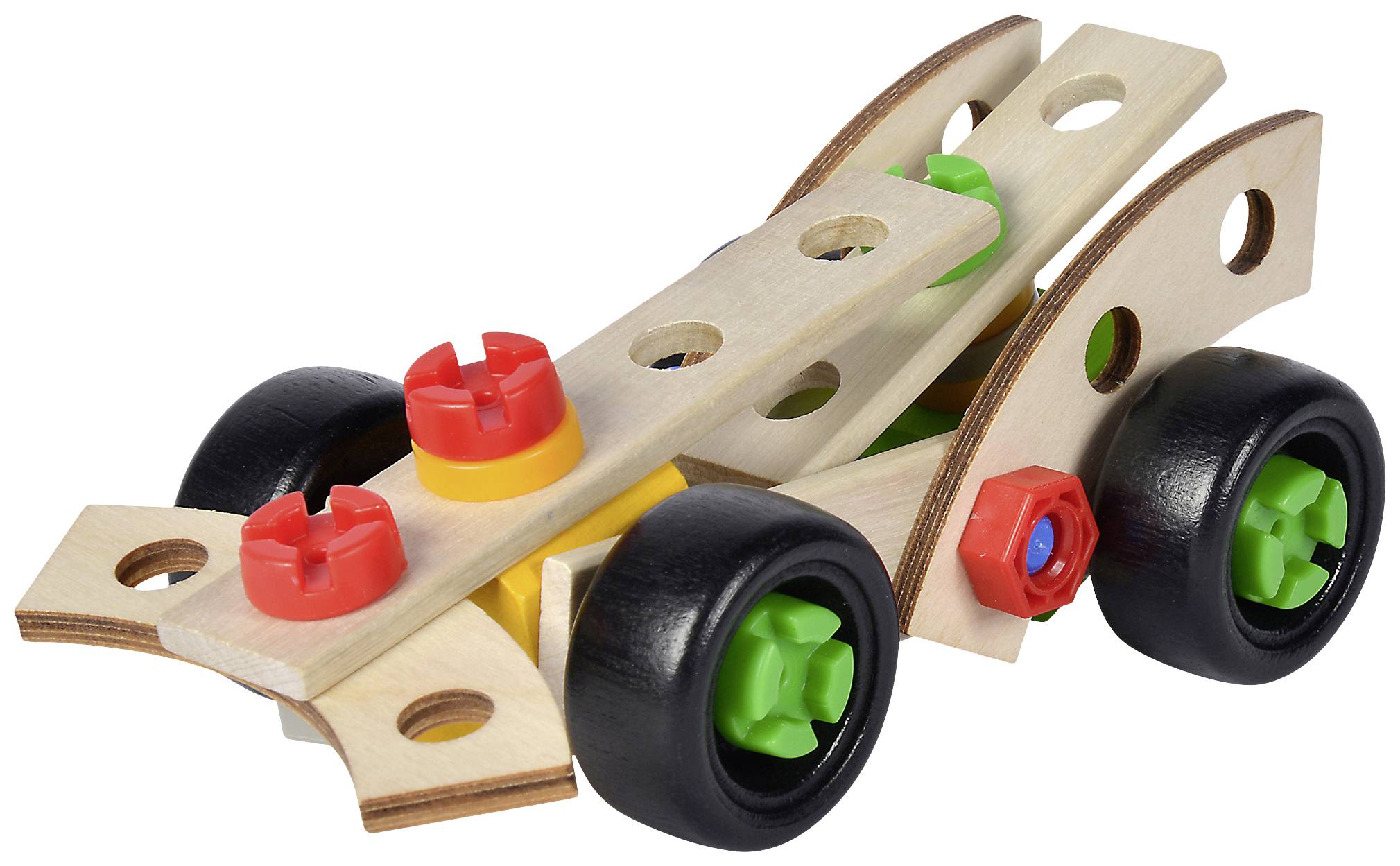Houten constructiespeelgoed-auto met gekleurde kunststof wielen en verbindingsstukken, op een witte achtergrond.