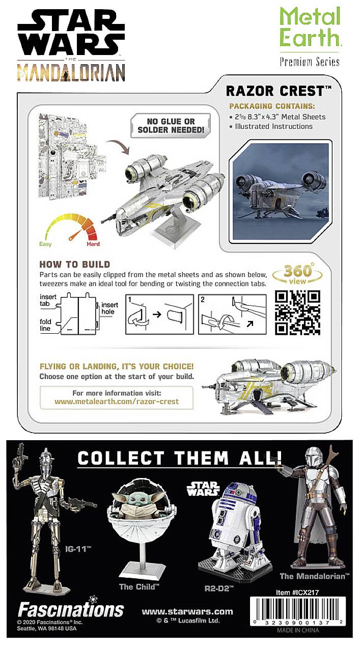 Bouwhandleiding voor Metal-Earth-model van RAZOR CREST uit 'Star Wars Mandalorian'. Bevat metalen platen, geen lijm vereist.