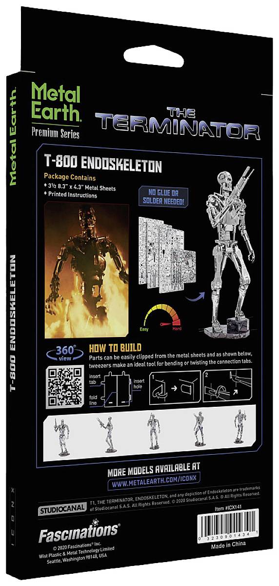 Doos van de 'Metal Earth Premium Series' voor een T-800 Endoskeleton-model; toont modelonderdelen, bouwhandleiding en het voltooide model.