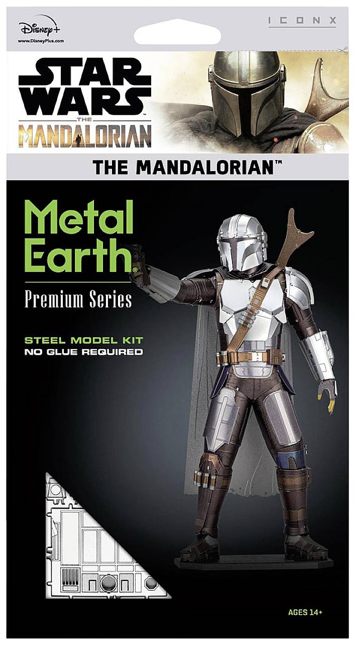 Verpakking van een 'Star Wars: The Mandalorian' metalen modelbouwset voor leeftijd 14+. Afbeelding toont een getekende mandaloriaanse krijger.