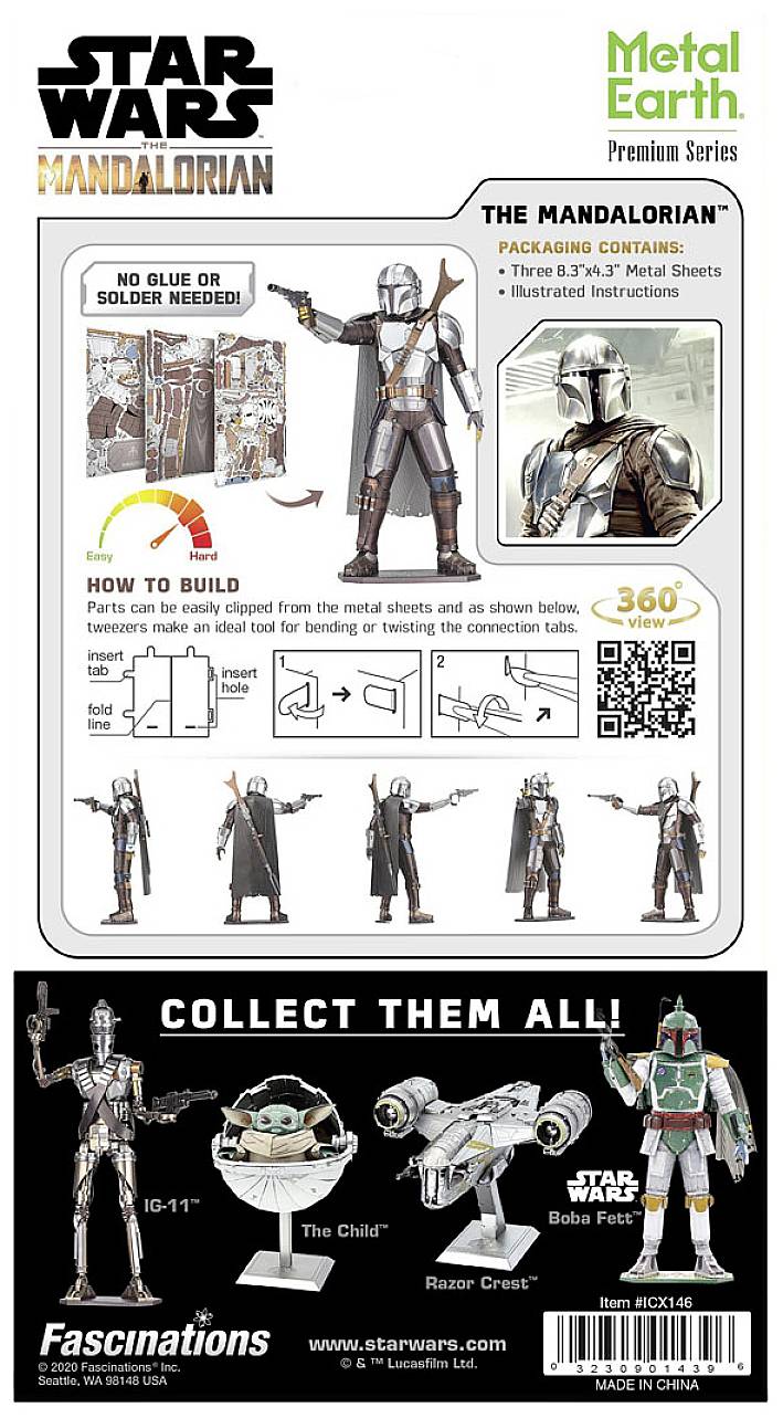 Star Wars Mandalorian Metal Earth Modelbouwset Verpakking: bevat metalen onderdelen en instructies voor het bouwen van een Mandalorian-figuur.