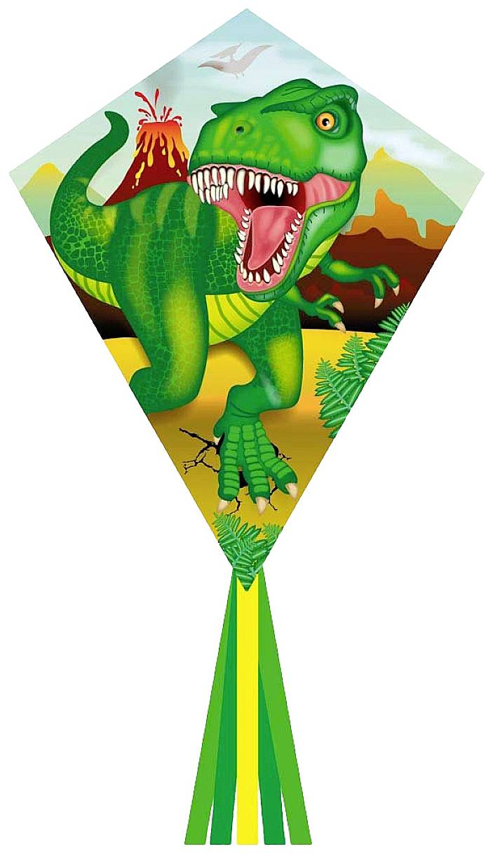 Draak in de vorm van een draak met een levendig dinosaurusmotief, die een T-Rex voorstelt voor een vulkaan. Kleurrijk landschap op de achtergrond.