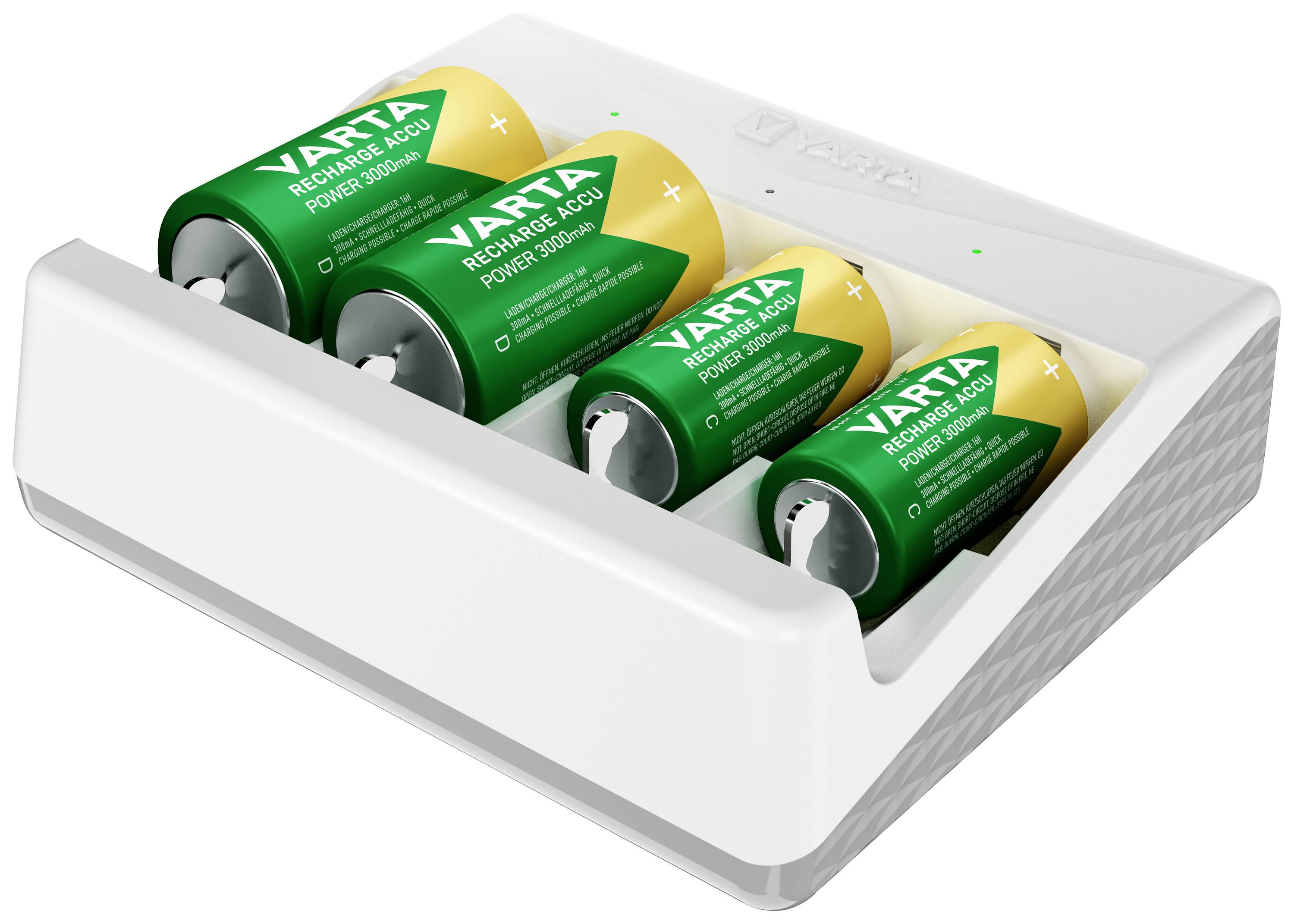 Oplader met vier groene, oplaadbare Varta-batterijen. Batterijen zijn in twee rijen geplaatst. Laadstatus niet weergegeven.