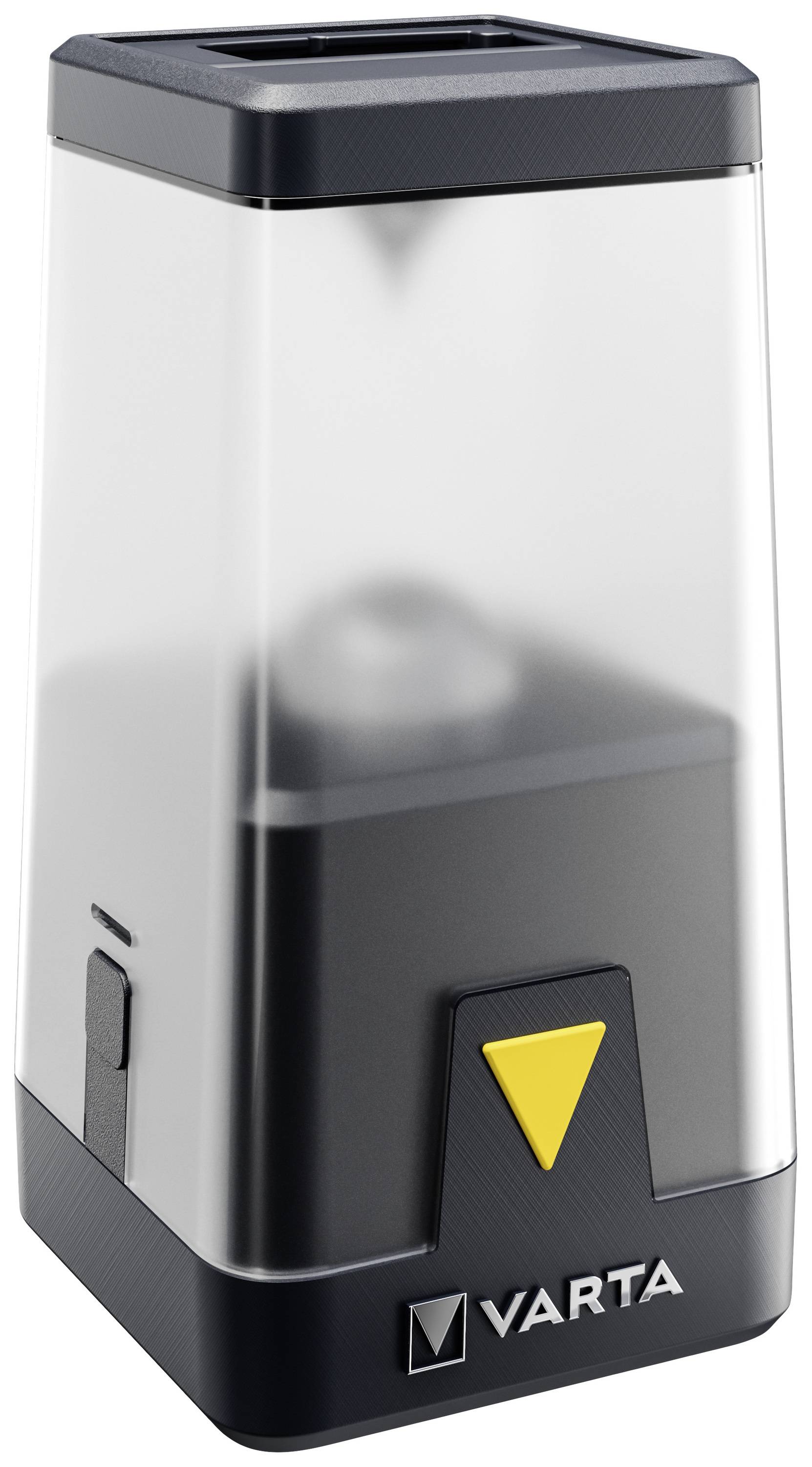 Een zwarte en transparante Varta-lantaarn met een gele knop, geschikt voor binnen- of buitenverlichting.