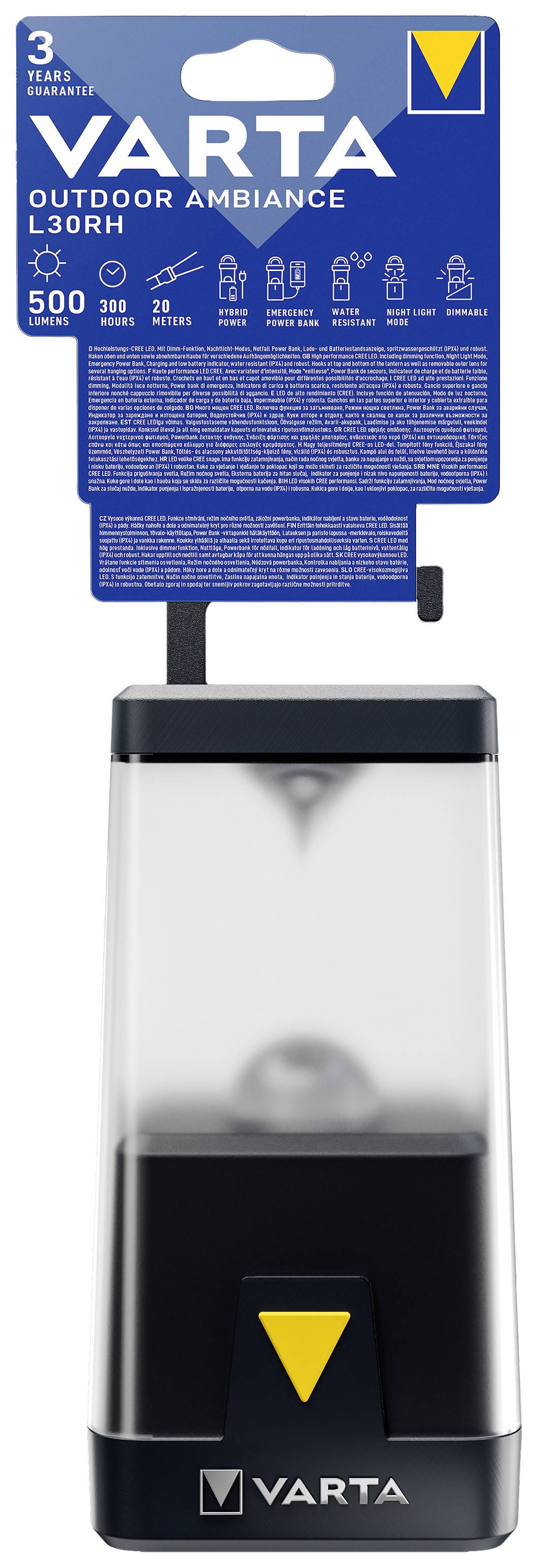 Een Varta Outdoor Ambience lantaarn met 500 lumen, 360 graden lichtsterkte en instelbare lichtmodi. Ideaal voor buitenactiviteiten.