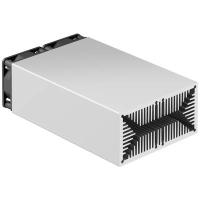 Een rechthoekige, zilveren warmteafvoerlichaam met een ventilator aan de achterkant. Hij is ontworpen voor de koeling van elektronische apparaten.