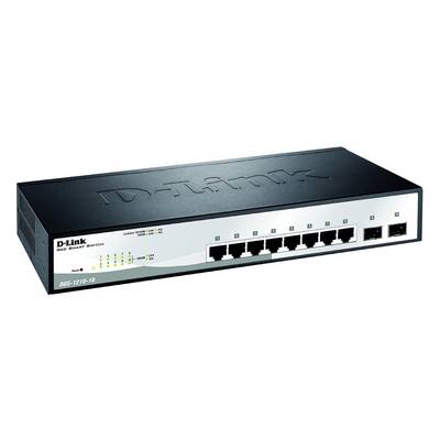 Een zwarte D-Link netwerkswitch met tien Ethernet-poorten en LED-indicatoren voor status en verbinding. Model DGS-1210-10.