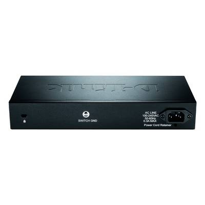 Zwarte D-Link netwerk-switch, achterkant met stroomaansluiting, labels voor wisselstroomleiding, spanning- en stroomsterkte-aanduidingen.