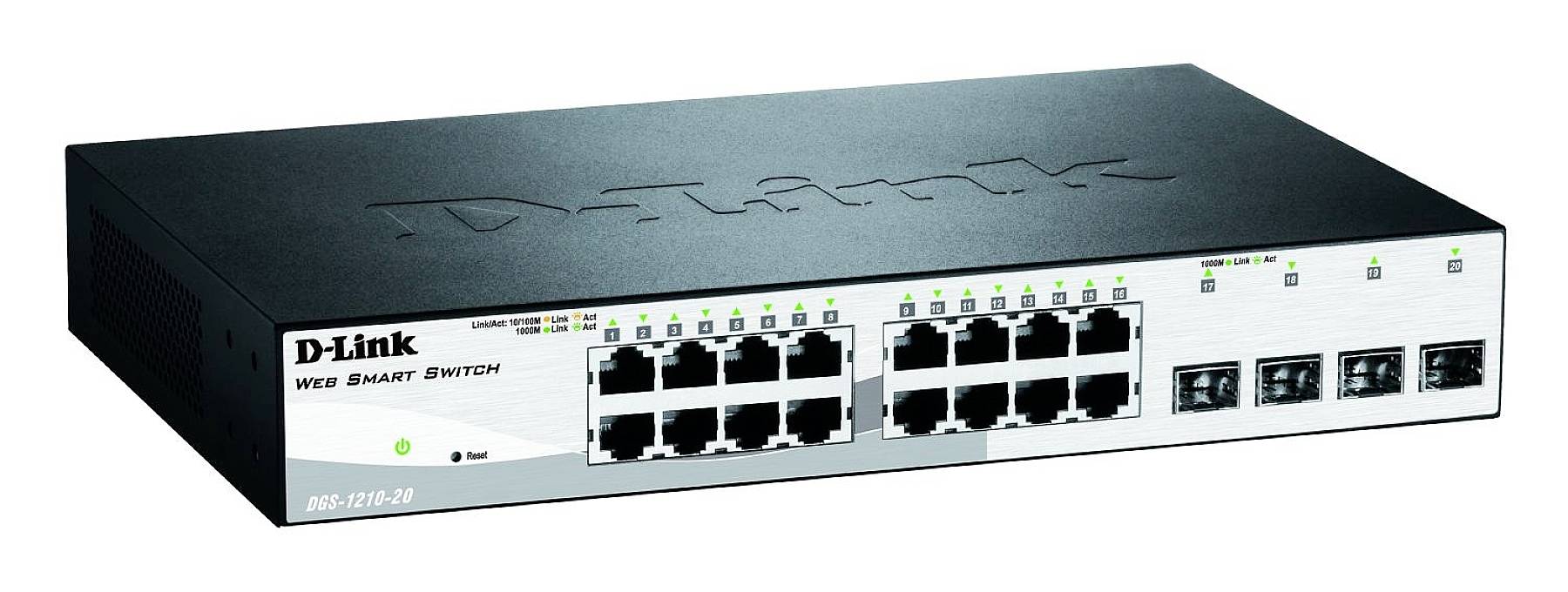 Een 'D-Link Web Smart Switch' met 20 Ethernet-poorten, geschikt voor netwerkconfiguraties in kantoren of kleine bedrijven.