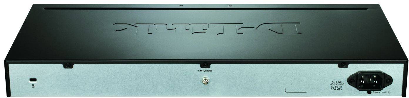 Een zwart netwerktoestel van achteren gezien met een netaansluiting en een USB-poort aan de rechterkant. De merknaam is bovenaan gegraveerd.