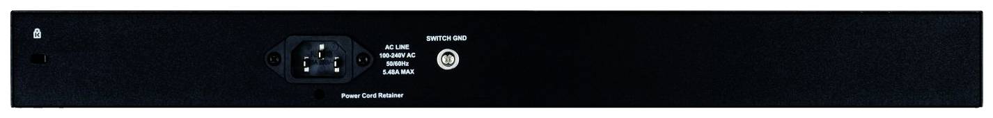 Achterkant van een elektronisch apparaat met stroomaansluiting en schakelaar, geschikt voor rack-montage.