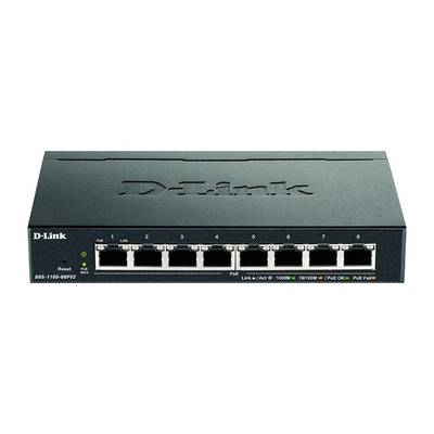 Een zwarte Ethernet-switch met acht poorten en groene LED-indicatoren aan de voorkant, van het merk D-Link.