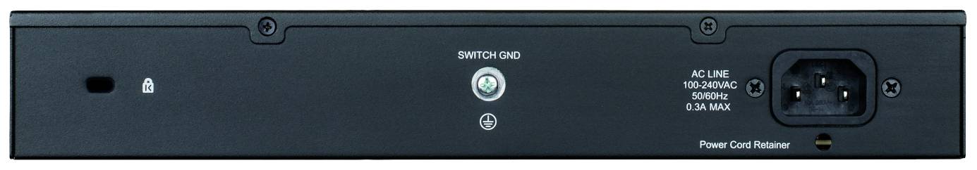 Zwarte achterkant van een elektronisch apparaat met een stroomaansluiting, een schakelaar en een veiligheidsslot.