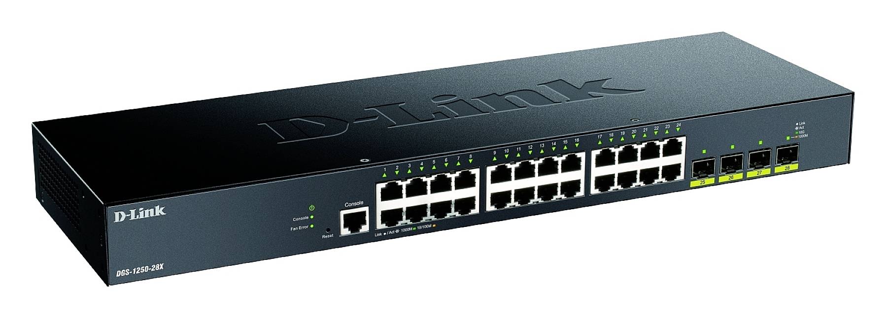 Een zwarte D-Link netwerk-switch met 24 Ethernet-poorten en vier SFP-poorten, geschikt voor uitgebreide netwerkverbindingen in kantoor- of serveromgevingen.