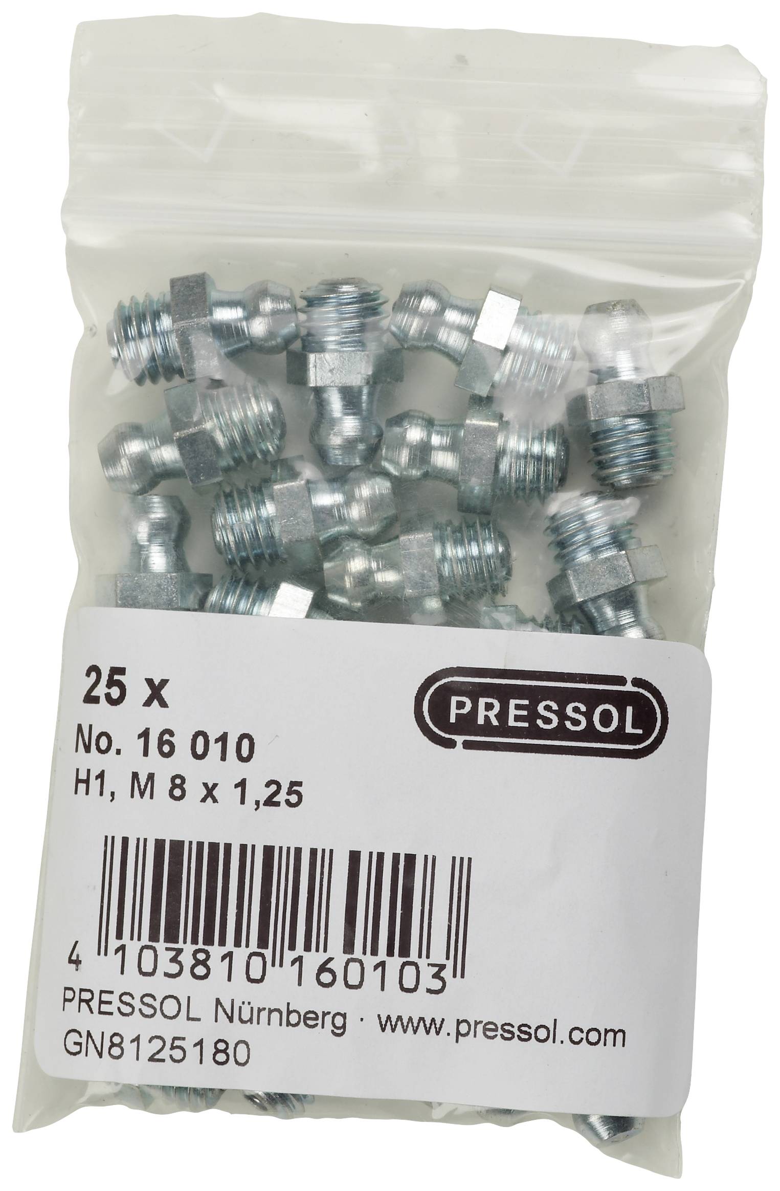 Zak met 25 smeernippels, artikelnummer 16 010, H1, schroefdraad M8 x 1,25 van Pressol. Bevat barcode en fabrikantgegevens.