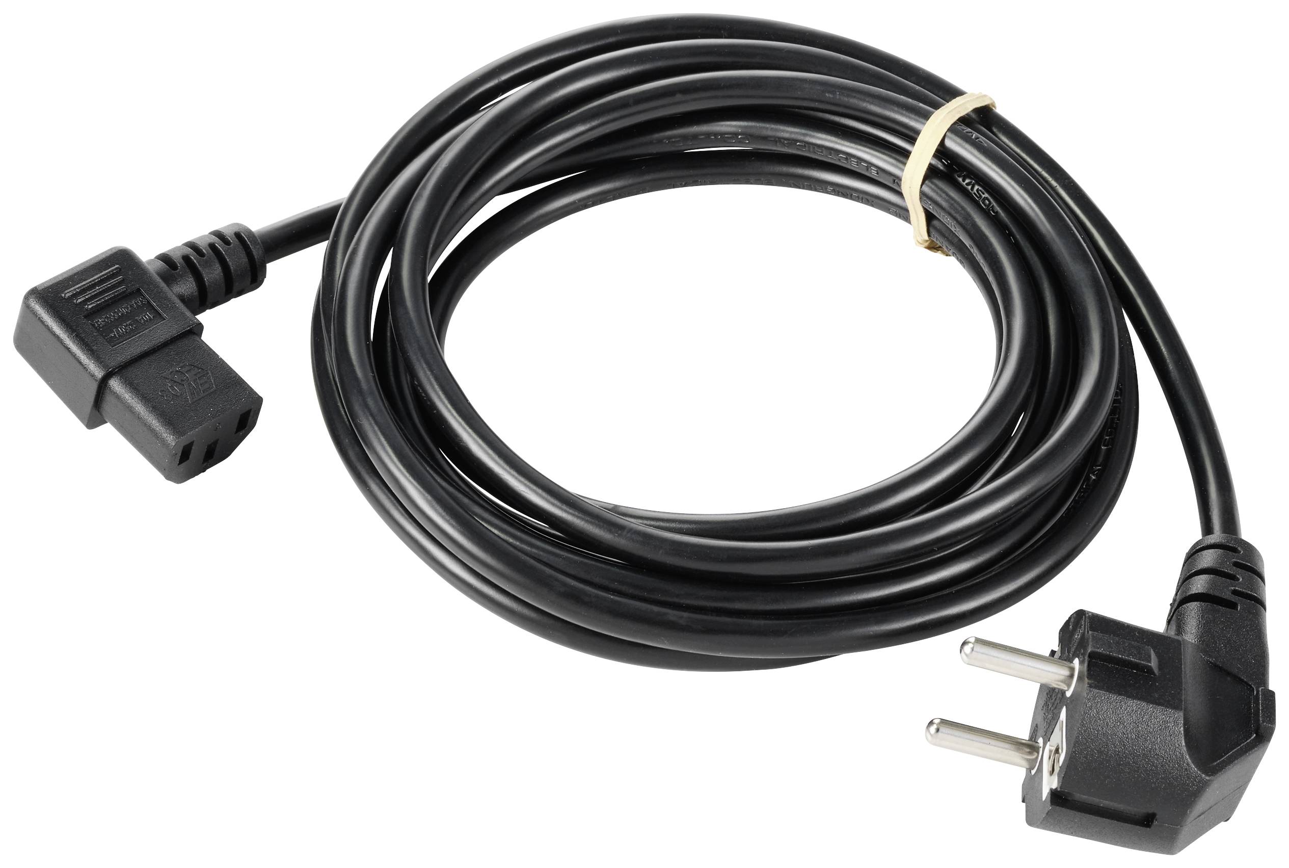 Een zwart netsnoer met een Schuko-stekker aan de ene kant en een apparaataansluiting aan de andere kant, opgerold en bij elkaar gehouden met een elastiek.